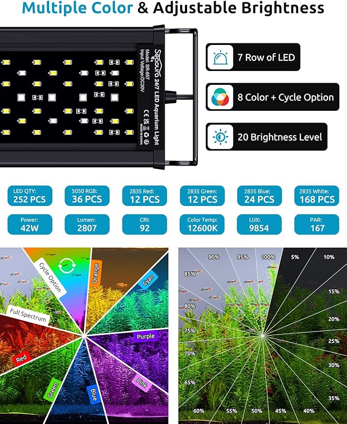 Full Spectrum Aquarium Light, 24/7 Custom Timer, Power-Off Memory, 36-42in 7-Row LED Fish Tank Lights, 8 Colors, 20 Brightness, Day & Night Cycle, Adjustable Mount for Freshwater Plant Growth