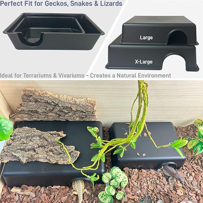2 Pcs Durable Reptile Hide Box, Ball Python Hide, Leopard Gecko Hide, Bearded Dragon Hide, Easy to Clean Reptile Hides Cave for Tank, Snake Hide Enclosure (9.45" x 6.89" x 2.17" Large)