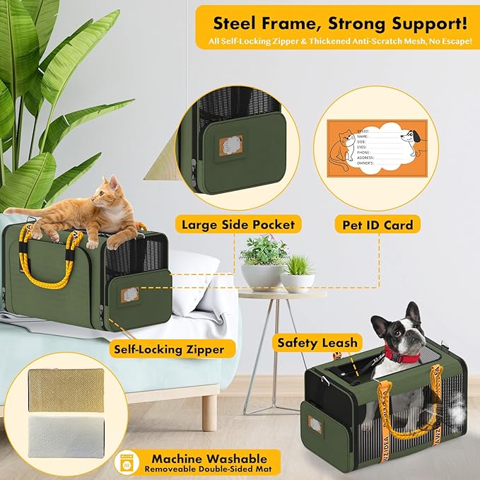 PAWZIDEA Pet Carrier with Wheels, 18x11x11 TSA Airline Approved Cat Carrier for 2 Cats Under Seat, Expandable Soft-Sided Dog Carrier for Small Dogs Rolling Travel Bag with Telescopic Handle, Foldable