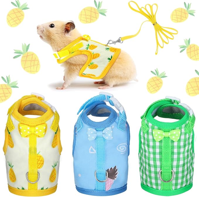 Weewooday 3 Pieces Guinea Pig Harness with Leash Small Pet Harness Fruit Plaid Pattern Adjustable Padded Walking Vest for Pet Hamster Squirrel Animals(Pineapple, Blue, Green Plaid,Small)