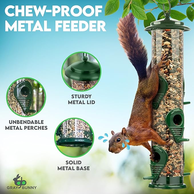 Bird Feeders for Outdoors (Green) Squirrel Proof Hanging Bird Feeder with Locking Lid & Adjustable Hanger, Chew-Proof, Weather Resistant 15 Inches 6 Port