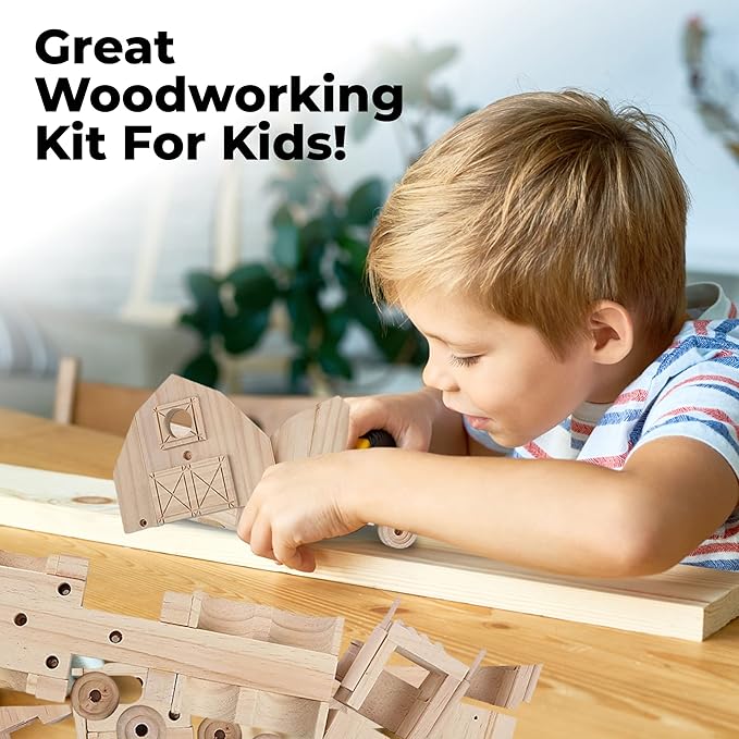 Kraftic Woodworking Building Kit for Kids and Adults, Set of 3 Educational DIY Carpentry Construction Wood Model Kit Toy Projects for Boys and Girls - Off-Road Vehicle, Flatbed Truck, Barn Birdhouse