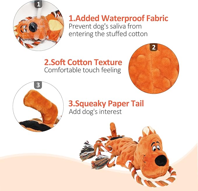 IOKHEIRA Tug of War Plush Dog Squeaky Toys with Crinkle Paper, Knotted Rope for Teeth Cleaning & Boredom