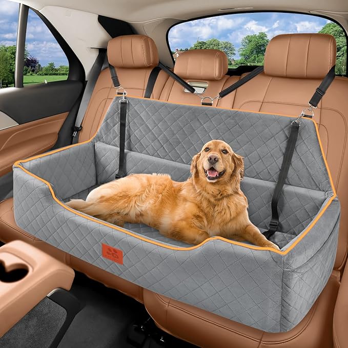 XIEAEOZEE Dog Car Bed for Large/Medium Dogs, Comfortable Pet Booster for Back Seat, Detachable & Washable Travel Seat with Thick Cushion (Gray)