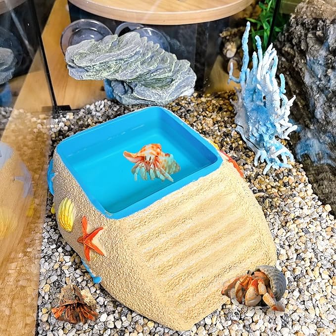 Tortoise Water Bowl,Reptile Water Dish,Resin Bearded Dragon Feeding Bowl with Ramp, Hermit Crab Bathing Pool, Lizard Food Dish Terrarium Decor for Turtle,Gecko,Chameleon,Frog(L)