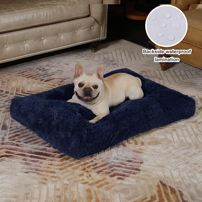 Bedfolks Plush Dog Crate Pad, Washable Dog Kennel Bed 29"x21", Solid Dark Blue