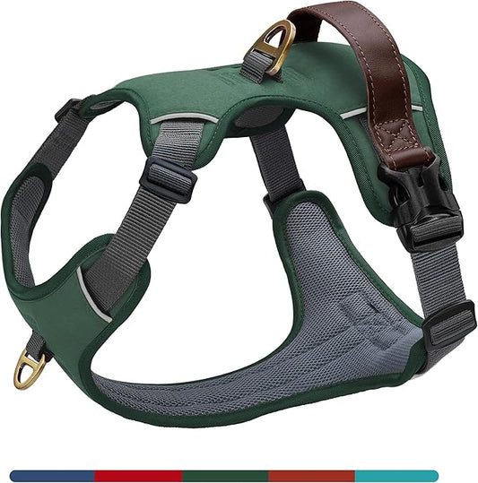 No Pull Dog Harness Small Sized Dog,Stylish PU Leather Vest with Easy Control Handle,No Choke Front Clip with 2 Metal Leash Clips,Reflective & Adjustable for Walking,Green,Chest 19-24"