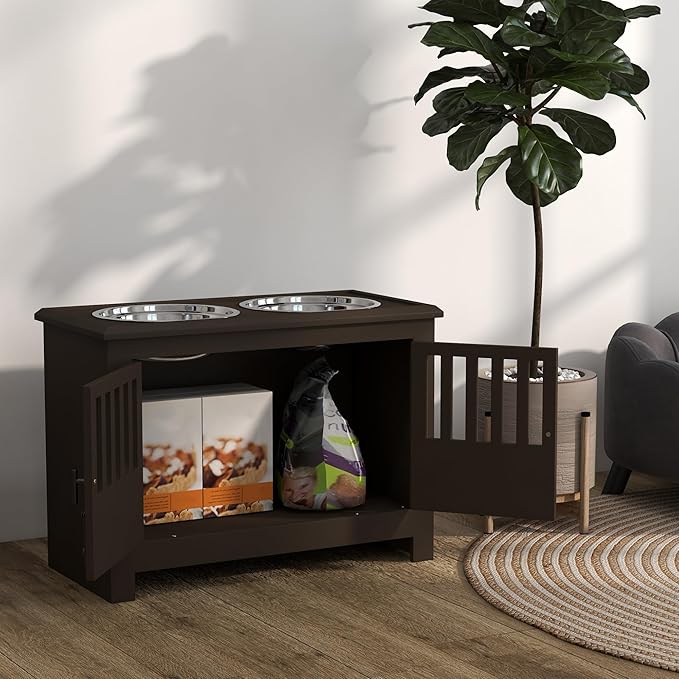 PawHut Large Elevated Dog Bowls with Storage Cabinet - 37L Capacity, Raised Dog Bowl Stand Feeding Station, Espresso