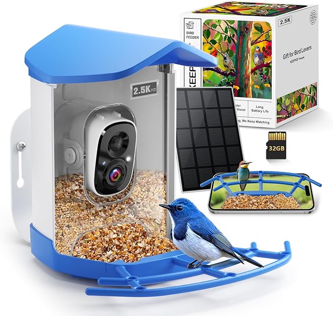 Smart Bird Feeder with Camera for Outdoors Solar Powered, 2.5K HD Video, AI Bird Species Identification, Instant Arrival Alerts, Wireless 2.4Ghz WiFi & Include 32GB SD Card, Ideal Gift (Blue)