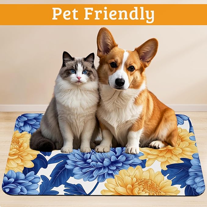 Blue Yellow Flowers Dog Food Mat, Absorbent Pet Feeding Mat for Food and Water Bowl,Quick Dry Dog Placemat Non Slip Rubber Backing Waterproof Pet Supplies 12" x 20"