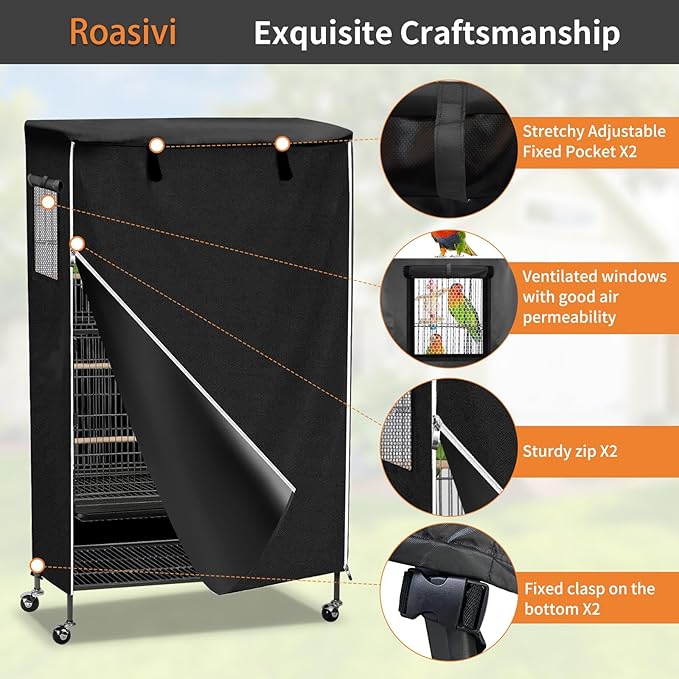 Roasivi Universal Large Birdcage Cover Black Out and Breathable Cages Cover for Parrots and Other Small Animals Durable Waterproofing Washable Material 36" L x 25" W x 48" H Black