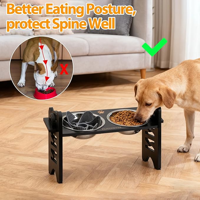 Elevated Dog Bowls,Cat Bowls,9 Height Adjustable Raised Dog Bowl Stand for Small & Medium Pet with 2 Stainless Steel Dishes and Slow Feeder,Bamboo Pet Food Bowl with Non-Slip Feet