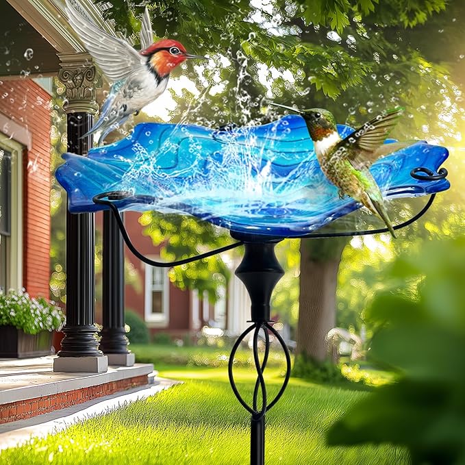 HONGLAND 32 Inch Height Bird Baths for Outdoors, Glass Birdbaths Outdoor Birdfeeder with Metal Stake Garden Yard (Blue)