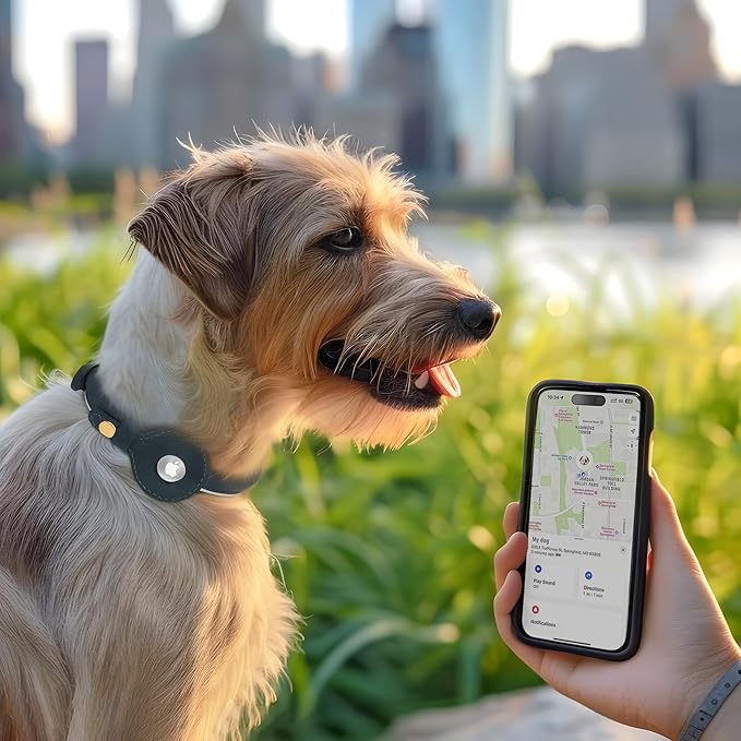 OOPSDOGGY Rolled Leather Dog Collar with Airtag Holder - Reflective Round Airtag Dog Collar - Soft Tracking Pet Collar for Small Dogs Puppy Cats Kitten (Camel, XXL, 20"-24")