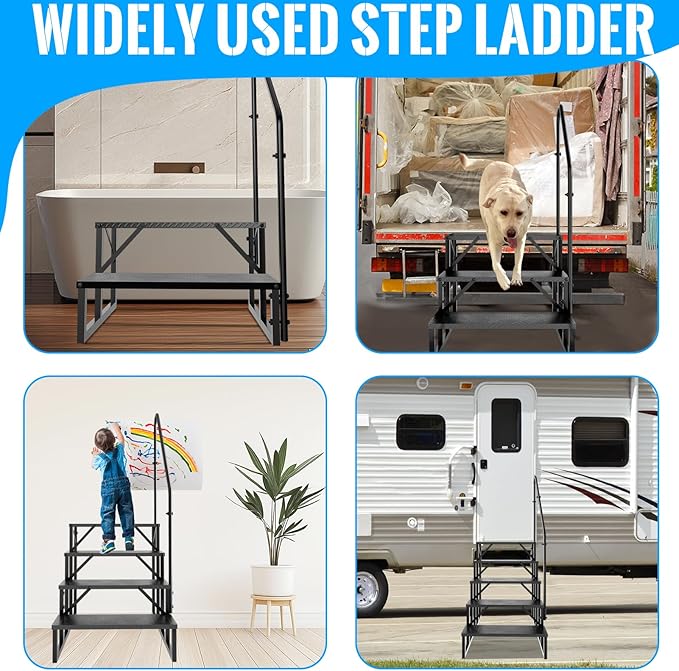 RV Step Stool, 3 Step Ladder, Hot Tub Steps with Handrail, Portable Pool Ladder, 660Lbs Heavy Duty Ladder Shelf Outdoor Mobile Home Stairs for Camper/Porch/SPA Pool/Pet Stairs(1 Pack)