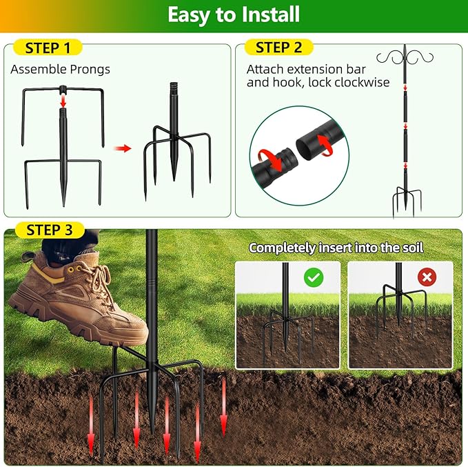Outdoor Shepherds Hook for Bird Feeder, Double 76in Heavy Duty Shepherd Hooks, Adjustable String Lights Poles for Hanging Garden Plants, Humming Bird Feeder (2 Pack)
