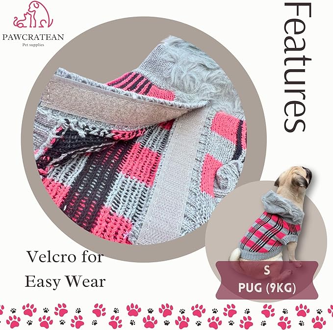 Cute Sweater for Dogs and Cats Soft Flannel Pet Outfit Warm and Cozy Animal Hoodie Small to Large Pet Clothes for Halloween Parties and Everyday Wear (Medium, Pink Checkered with Hat)