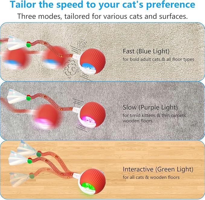 Interactive Cat Toys for Indoor Cats, 2025 New Generation Interactive Cat Ball Toy with Elastic Mesh Tail, Automatic Cat/Kitten Toys with Chirping & Motion Activate, Cat Toys for Bored Indoor(Red)