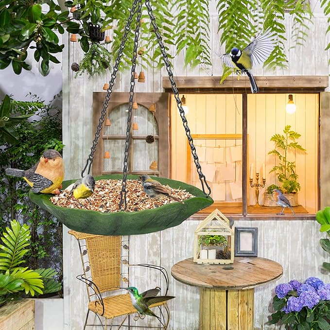 Bird Bath for Outdoor, Hanging Ground Birdbath Feeder Bowl with Bird Statue, Resin Leaves Birdfeeder Bath for Outside Garden Yard Patio Decor (Leaves)