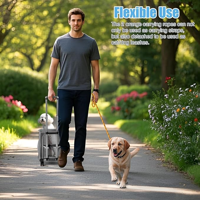 Extra Large Cat Carrier for 2 Cats with Wheels, 24" X 15" X 17" Dual-Compartment Cat Car Travel Carrier, Breathable Rolling Dog Carriers for Small Dogs with Zipper Locks, Light Gray