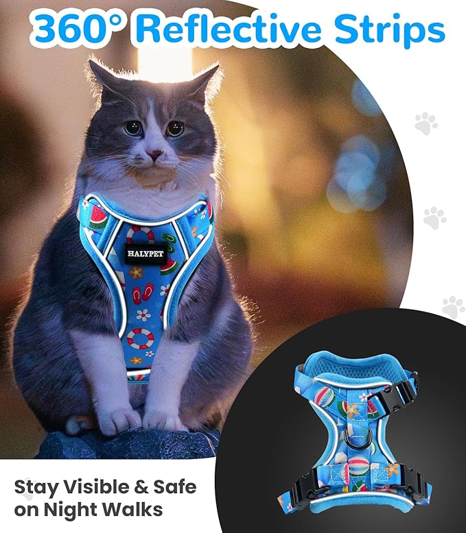 Halypet Cat Harness and Leash Set for Walking, Escape Proof Adjustable Vest Harness with 3-in-1 Integrated Buckles, Easy Control Soft Breathable Mesh with Reflective Strips for Cats, S, Ocean Blue