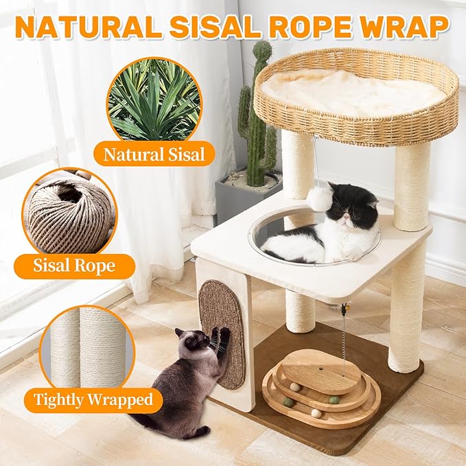 Modern Cat Tree for Indoor Cats with Sisal Rope Scratching Posts, Hand-Woven Cat Condo & Top Perch, Space Capsule Cats Nest, Cute Cat Tree with Interactive Cat Toy