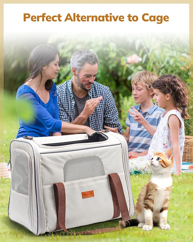 Morpilot Cat Carrier - Soft Sided Cat Carrier Large for Big Medium Cats and Puppy up to 18lbs, Pet Carrier with Safety Zippers, Foldable Bowl, Airline Approved Large Dog Carrier - Beige