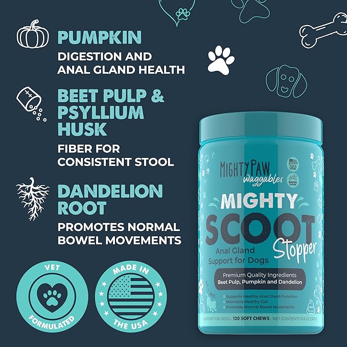 Mighty Paw Waggables Mighty Scoot (Made in USA) | Dog Digestive Support Anal Gland Chews. Anal Gland Scoot for Dogs. Beet Pulp & Pumpkin Fiber Supplements. Pet Bowel Gut Health (120 Count)
