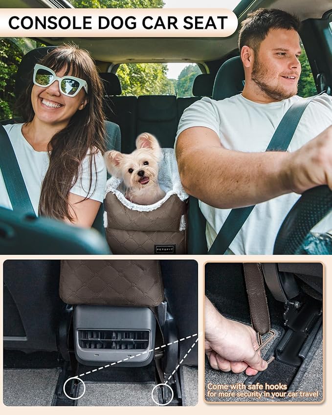 PETSFIT Center Console Dog Car Seat with Safe Protection Hooks, Pet Car Seat with Upgraded Safety Tethers, Washable Cushion, Console Dog Car Seats for Small Dogs (Coffee)
