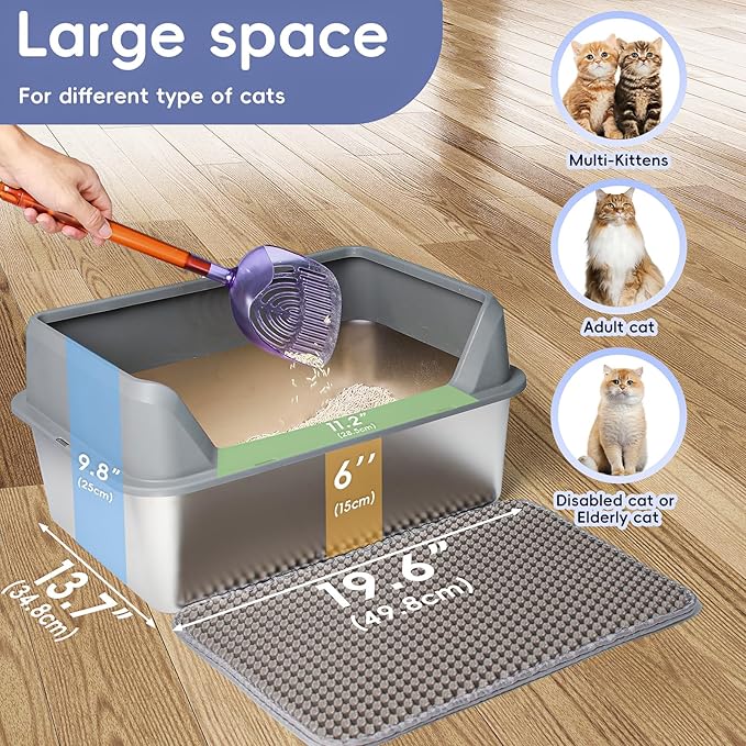Stainless Steel Cat Litter Box with Lid,Large Litter Box with Side Entrance,Kitty Litter Pan High Sided,Anti-Urine Leakage,Easy to Clean,Included Scoop,Litter Mat&Fish Toys,Brush