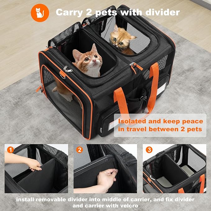 22''(L) x 16''(W) x 14''(H) Large Double pet Carrier for 2 Small-Medium Cats and car Travel,with a Removable Divider,Large Loading top,4 Pockets and Zipper Locks.