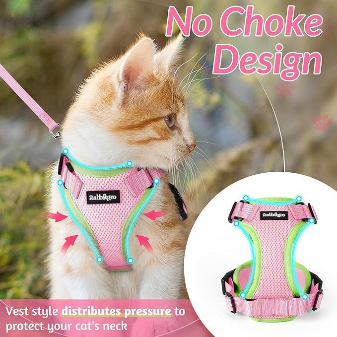 rabbitgoo Cat Harness and Leash for Walking, Escape Proof Soft Adjustable Vest Harnesses for Cats, Easy Control Breathable Reflective Strips Jacket, Green&Pink, XXS