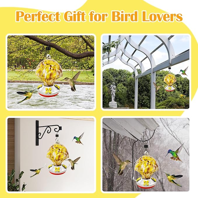 ruiyi itm Glass Hummingbird Feeder with Ant Moat 25.4 OZ Large Capacity Hand Blown Glass Yellow Hanging Bird Feeder for Backyard Garden Outdoors Decorations with S Hook Brus Gift for Bird Lovers
