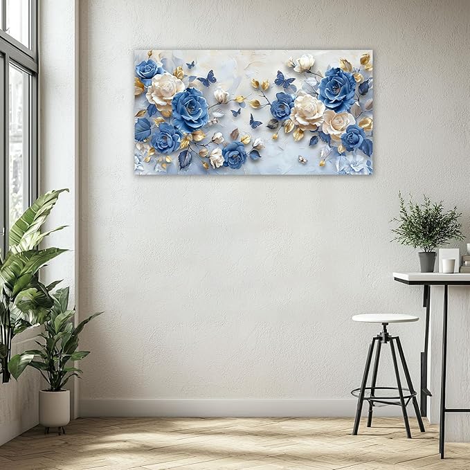 Large Flower Wall Art Canvas Living Room Floral Pictures Framed Prints Oversize Wall Decor Blue Butterfly Painting for Bedroom Dining Office Home 60"x30"