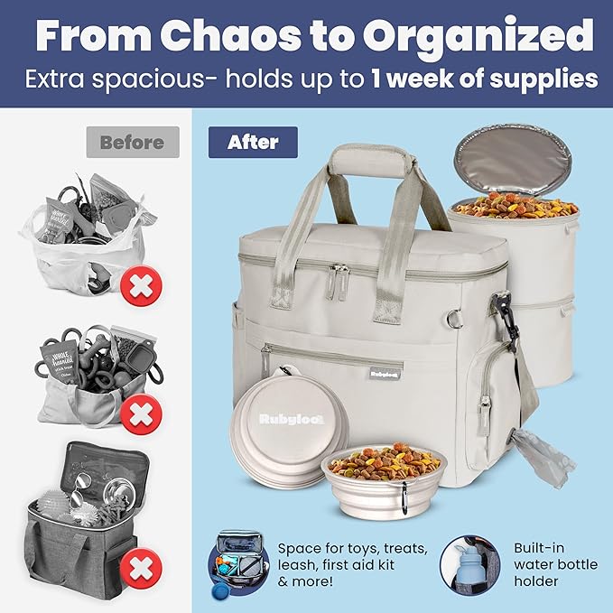 The Original Doggy Bag™- Dog Travel Bag for Supplies - Ultimate Gift for Dog Moms & Dads, Doggy Lovers & Pet Owners for Christmas- Includes 2 BPA-Free Travel Bowls and 2 Food Containers: Beige