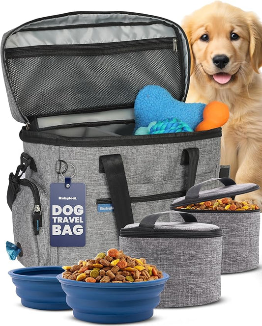 The Original Doggy Bag™- Dog Travel Bag for Supplies - Ultimate Gift for Dog Moms & Dads, Doggy Lovers & Pet Owners for Christmas- Includes 2 BPA-Free Travel Bowls and 2 Food Containers: Grey