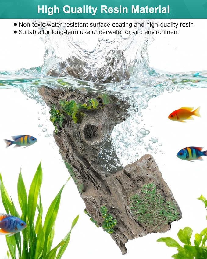 TRUVIC Fish Tank Decorations - Aquarium Cave Decor, Resin Hollow Tree Trunk Reptile Hide & Betta Log Hideout for 20 Gallon Tank, Fish Accessories Shelter Cave