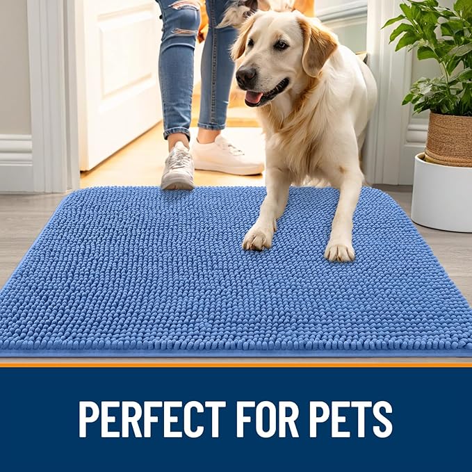 OLANLY Dog Door Mat for Muddy Paws 24x16, Absorbs Moisture and Dirt, Absorbent Non-Slip Washable Doormat, Quick Dry Chenille Mud Mat, Entry Indoor Entryway Carpet for Inside Floor, Cornflower Blue