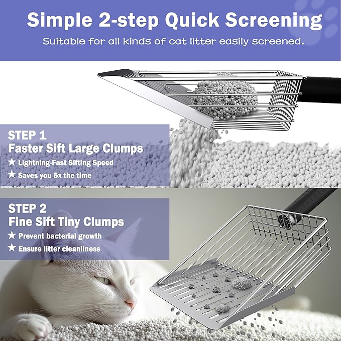Cat Litter Scooper with Holder, Metal Litter Scoop Includes Portable Small Broom and Dustpan Set, Heavy Duty Stainless Steel Litter Scoop with Coarse and Fine Grid, Quick Sift and Easy Clean