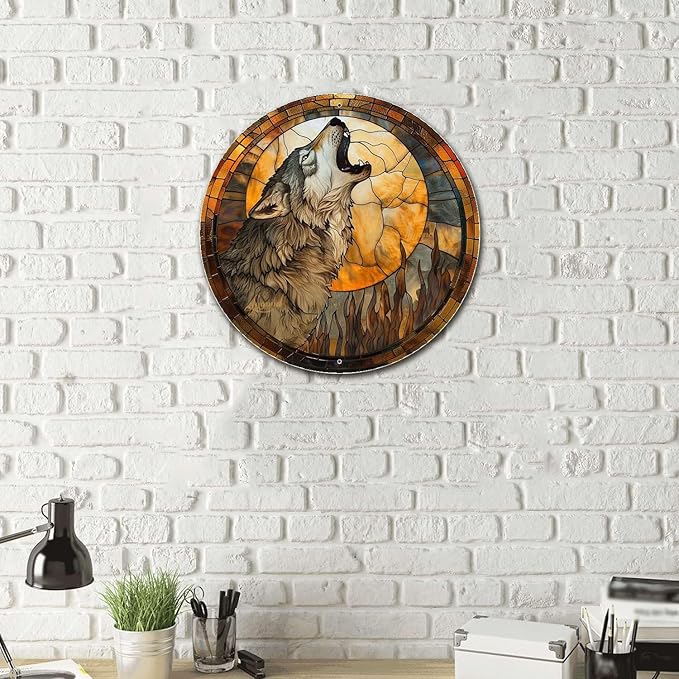Lygond Metal Sign Tin Sign Circular Stained Glass Gray Wolf Bar Signs for Home Bar for Bar 8×8 Inches