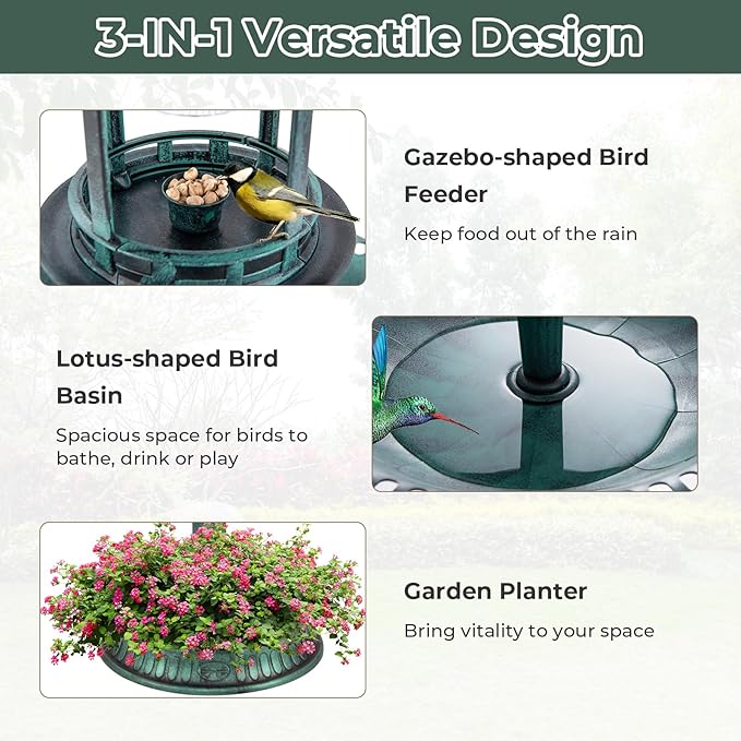LDAILY Outdoor Bird Bath, 42'' Solar Lighted Pedestal Birdbath with Bird Feeder, 20'' Water Bowl, Flower Planters and 3 Stakes, Attract Birds, Antique Finish