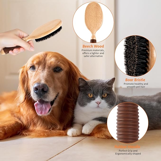Boar Bristle Pet Brush for Short Haired Dogs and Cats, Dog Cast Hair Brush for Shedding with Beech Wood Handle and Non-Slip Rubber