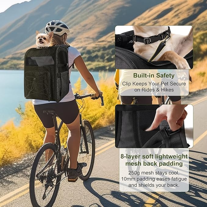 Dog Carrier Backpack for Small Dogs - Breathable Mesh Hiking Bag with Safety Buckle, Adjustable Straps and Standard Pad - Durable for Hiking (Fits Small Cats Too, Up to 17lbs, Black)