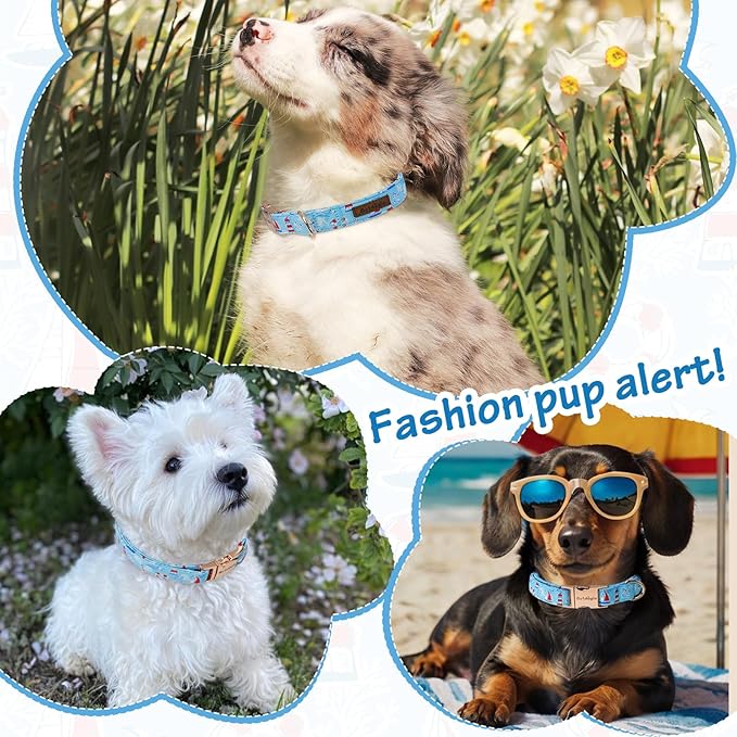 Nautical Themed Dog Collar，Handmade Cotton Puppy Collar with Sailboats，Seagulls Parttern, Adjustable Colllar for Small Medium Large Dogs, Perfect for Daily Walks, Photos，Beach & Vacation- L