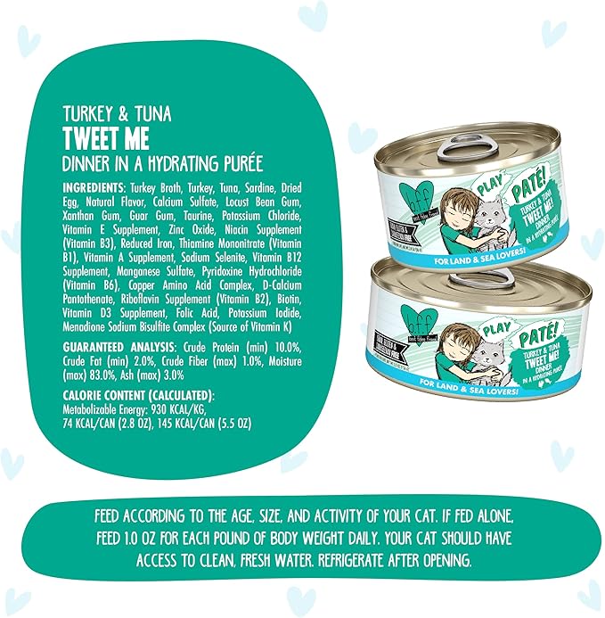 Weruva B.F.F. Play - Best Feline Friend Paté Lovers, Aw Yeah!, Turkey & Tuna Tweet Me! with Turkey & Tuna, 2.8oz Can (Pack of 12)