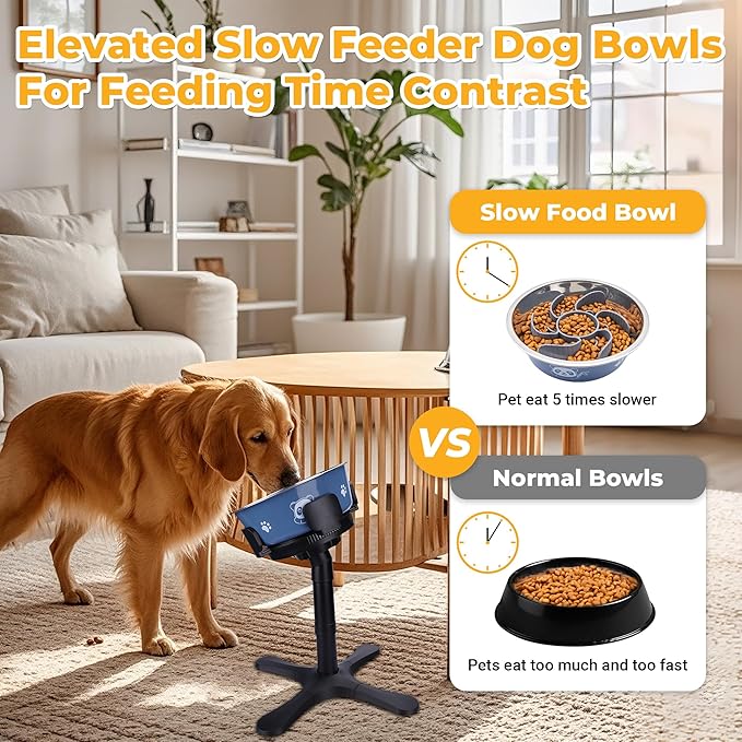 Elevated Slow Feeder Dog Bowl Adjustable Stand,Tilted ABS Base,Fits 5.5-9.5" Bowls, Anti-Spill & Non-Slip, Heavy Duty for Med/Large Dogs(with Stainless Steel Bowls 2 Pack)