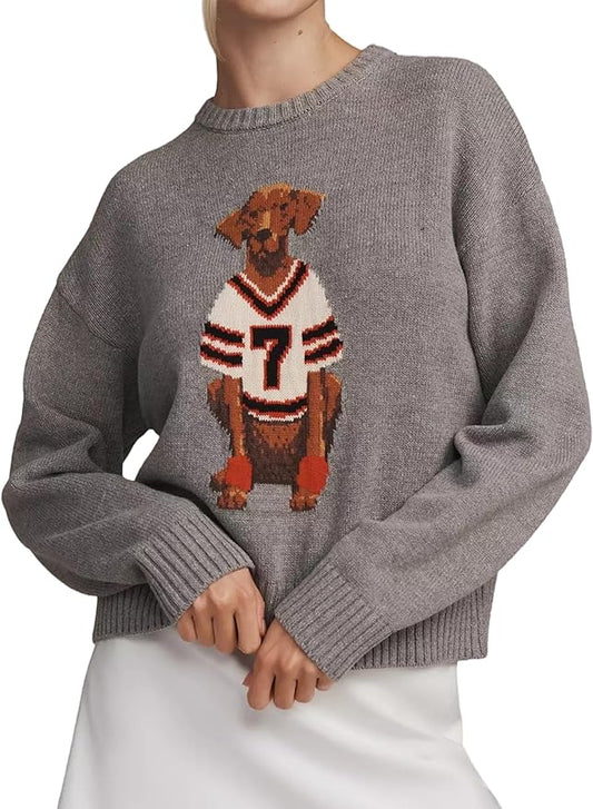 Dog Print Sweater for Women Cute Graphic Knit Pullover Tops Long Sleeve Crew Neck Trendy Fall Outfits 2025