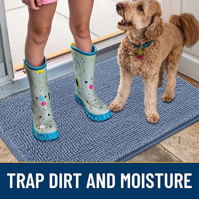 Smiry Dog Door Mat for Muddy Paws 48x30, Absorbs Moisture and Dirt Doormat, Non-Slip Washable Quick Dry Chenille Front Door Mat Indoor Entrance, Entryway Carpet for Inside Floor, Airy Blue