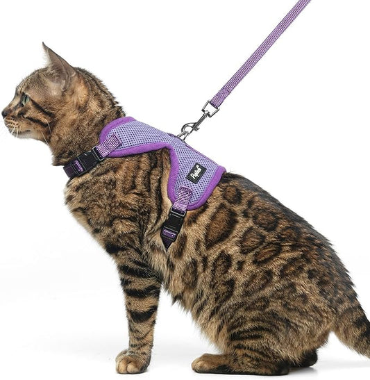 PUPTECK Cat Harness and Leash Set Escape Proof, Reflective Adjustable Soft Mesh Kitten Vest Harness for Walking Travel, Purple, S