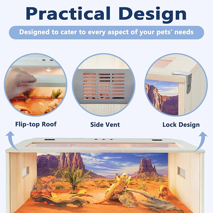 Prolee Reptile Terrarium, Lizard Tank Up to 68 Gallons, Bearded Dragon Tank with Roof Door, Snake Tank with Built-in Lamp Fixture and Switch (78 Gallon, 48" Long, Openable Wood Roof)